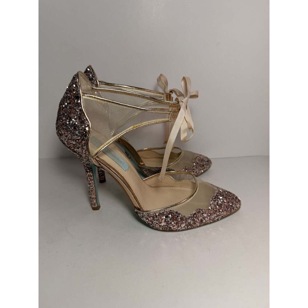 Betsey Johnson SB-STELA Rose Gold Glitter Mesh Ankle Tie Pump Heels Size 8